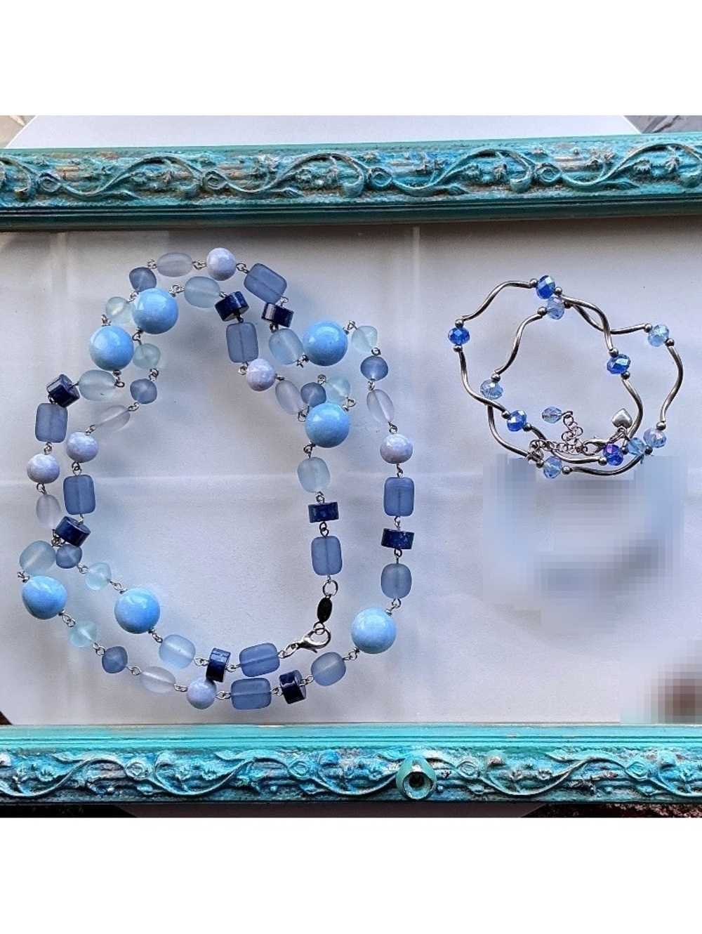 35” Beautiful Sky Blue Bead Necklace w/ Bonus Bracelets